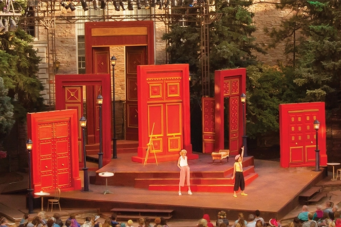 Red backdrops on an outdoor stage